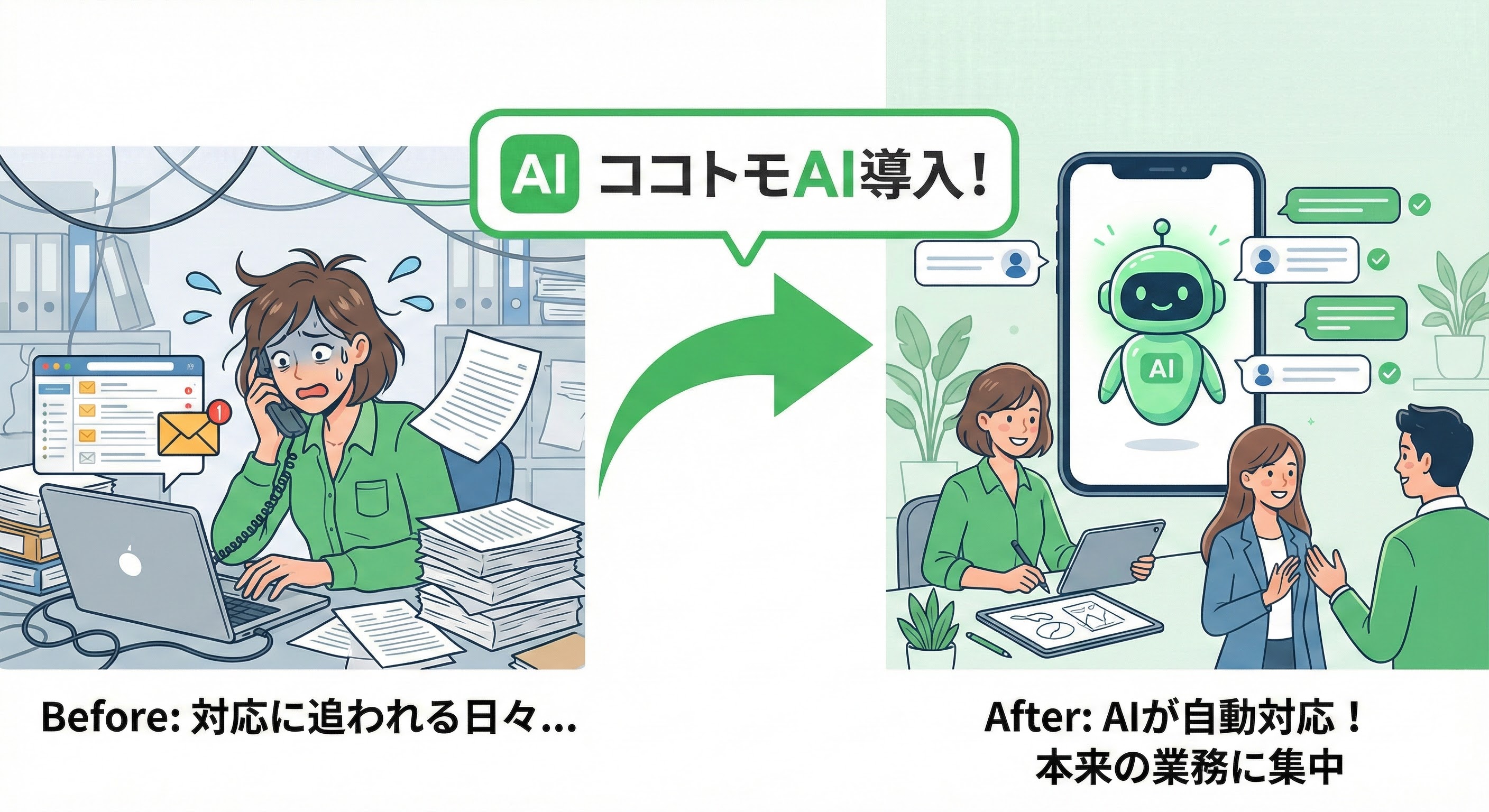 Before: 対応に追われる日々 → After: AIが自動対応！本来の業務に集中